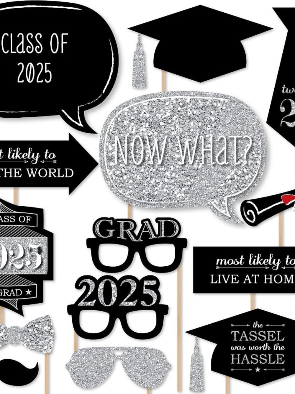 Silver 2026 Graduation Photo Booth Prop Kit, DIY Cardstock Props - 20pc